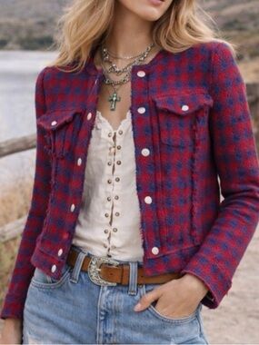 IRO Paris Quilombe Red Blue Tweed Jacket Blazer SZ 36 / XS